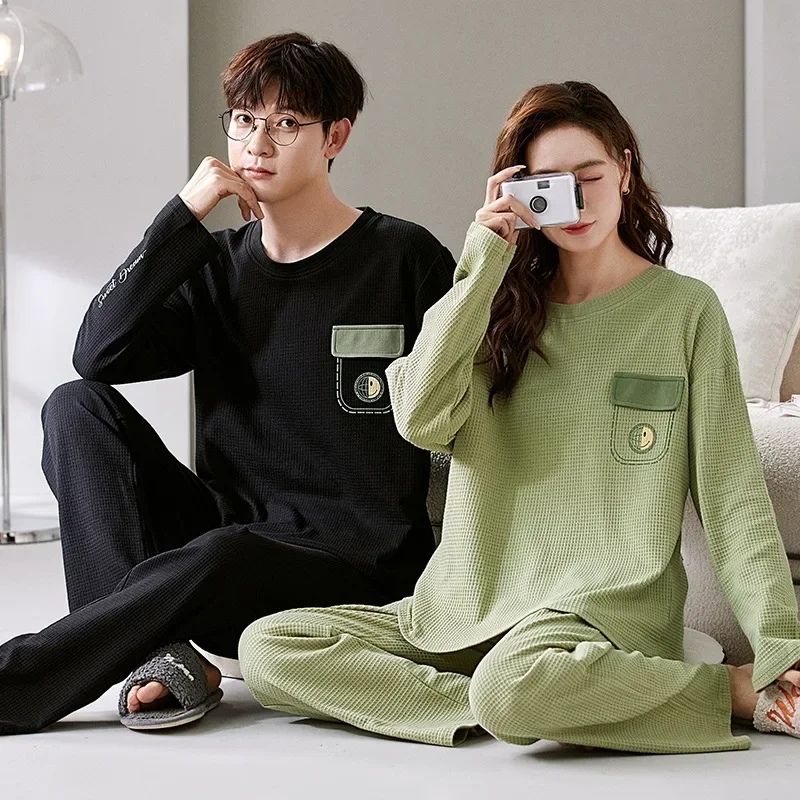 Couple Pajamas Women's and Men's Long Sleeve Waffle Set  Casual Home Clothes in Spring Autumn and Winter