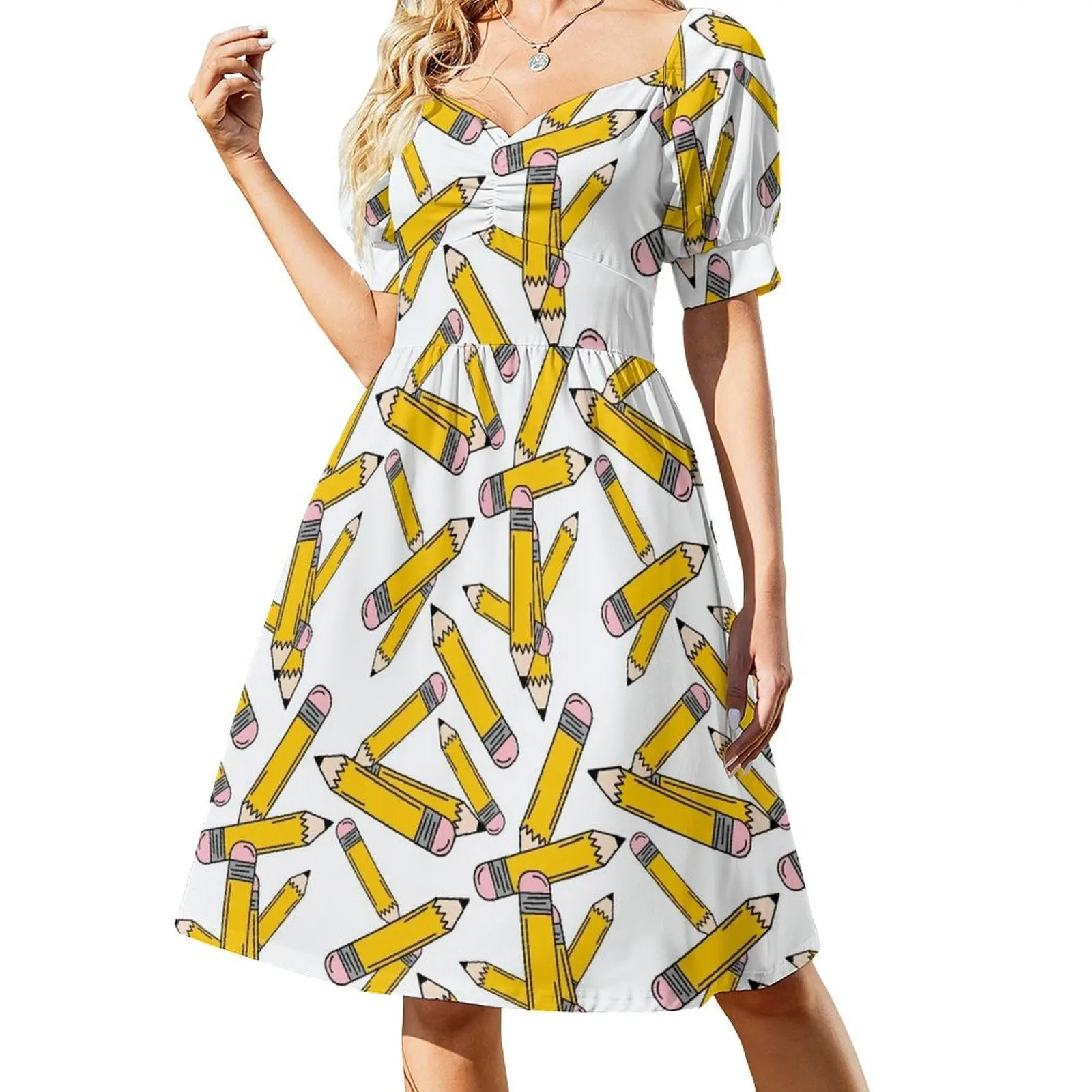 thumbnail image 1 of Vestido de manga corta con lápices para profesora, ropa de mujer, ropa de mujer, verano , novedades, vestido, 1 of 7