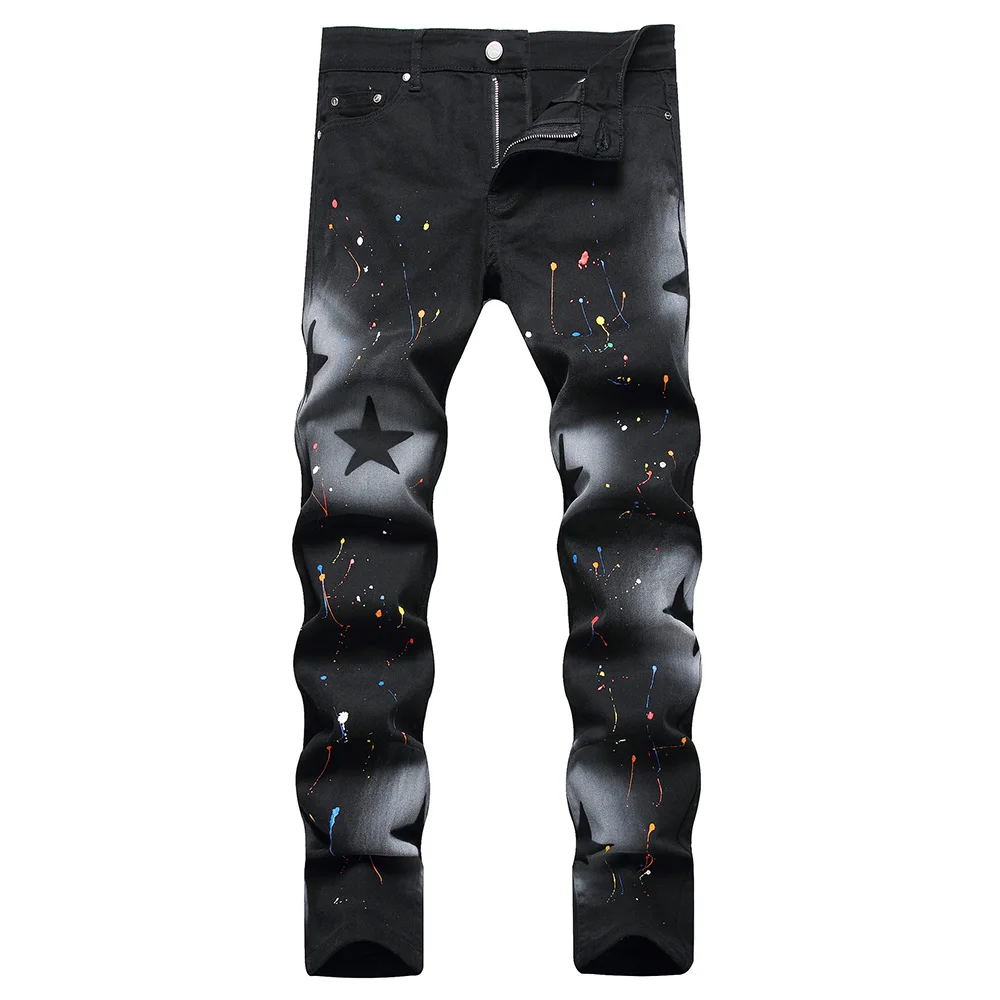 MenStarPaintedJeansBlackStretchDenimSlimStraightPants