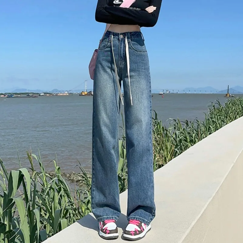 여성용 빈티지 워시 드로스트링 데님 청바지, 하이 웨이스트, 루즈 와이드 레그 드롭 스트레이트 팬츠, 트렌드 롱 팬츠, 확장 브랜드