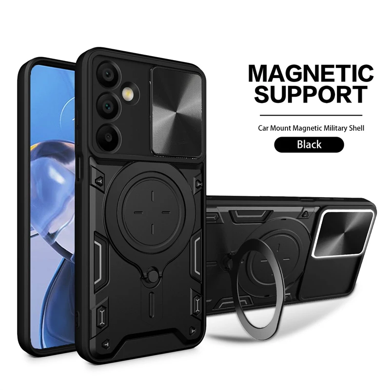 Durable Armor Metal Ring Stand Phone Case with Slide Camera Protection and Shockproof Back Cover