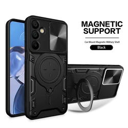 Durable Armor Metal Ring Stand Phone Case with Slide Camera Protection and Shockproof Back Cover for Galaxy A56 5G (Black)