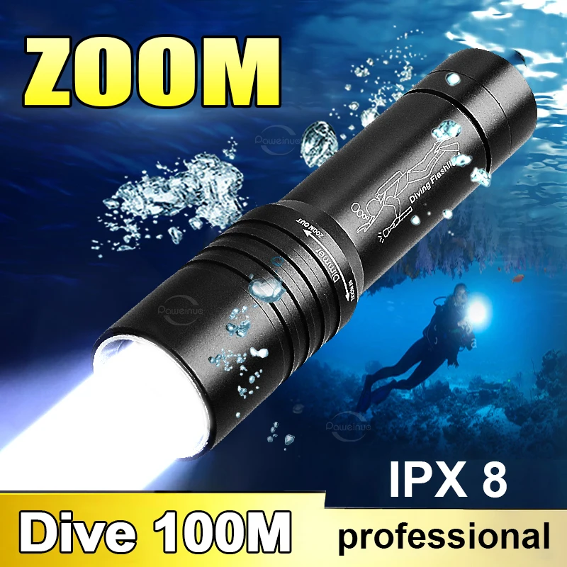 Powerful Professional Diving Flashlight T6 Wick High Power Rechargeable Led Underwater Hand Lantern Telescopic Zoom Diving Torch