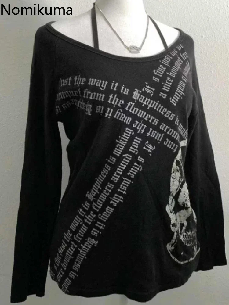 Harajuku Skull Print Slash Neck Women's Tee - Y2k Japanese Streetwear Punk Fashion
