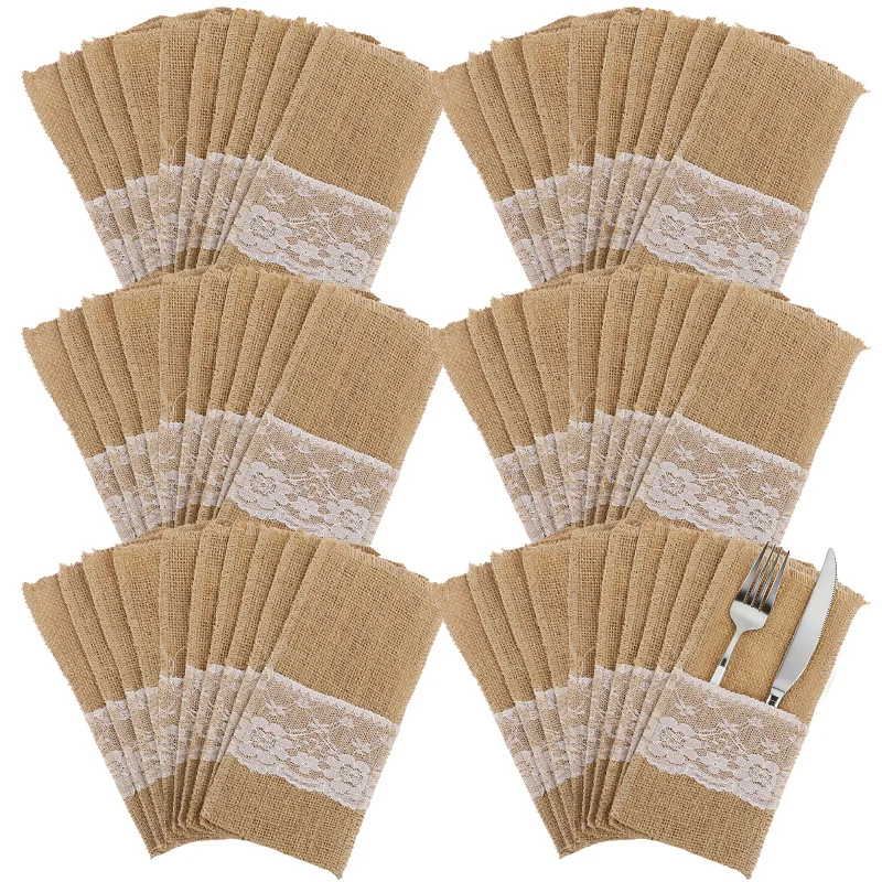 10–30 Stück Vintage-Besteckhalter aus Jute für rustikale Hochzeitstischdekoration, Messer, Gabel, Serviettentasche, Weihnachts- und Geburtstagsparty-Dekoration