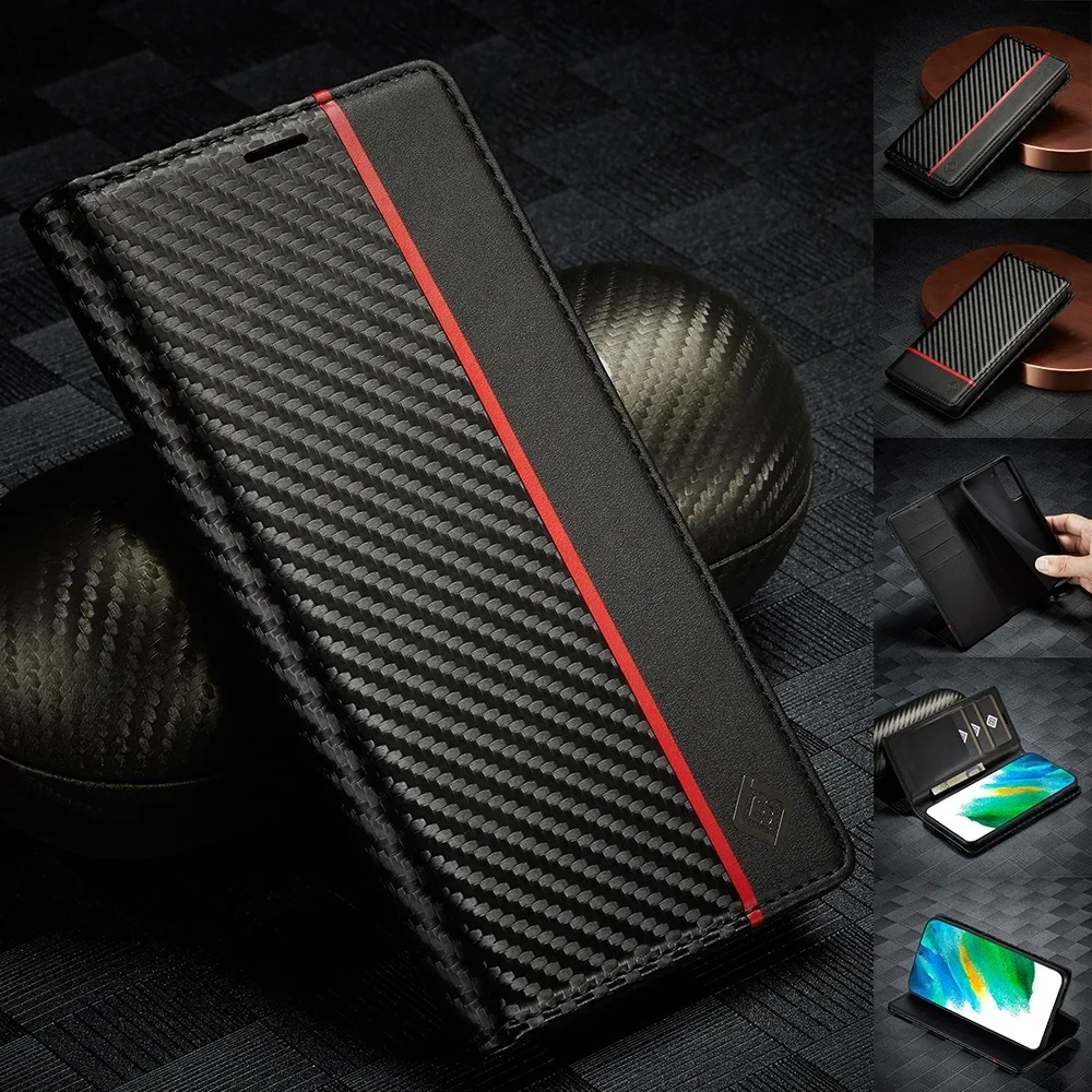 Leather Case for Samsung Galaxy S26 S25 S24 S23 S22 S21 S20 Ultra FE Plus Flip Cover A17 A16 A56 A55 A54 A36 A35 Carbon Pattern
