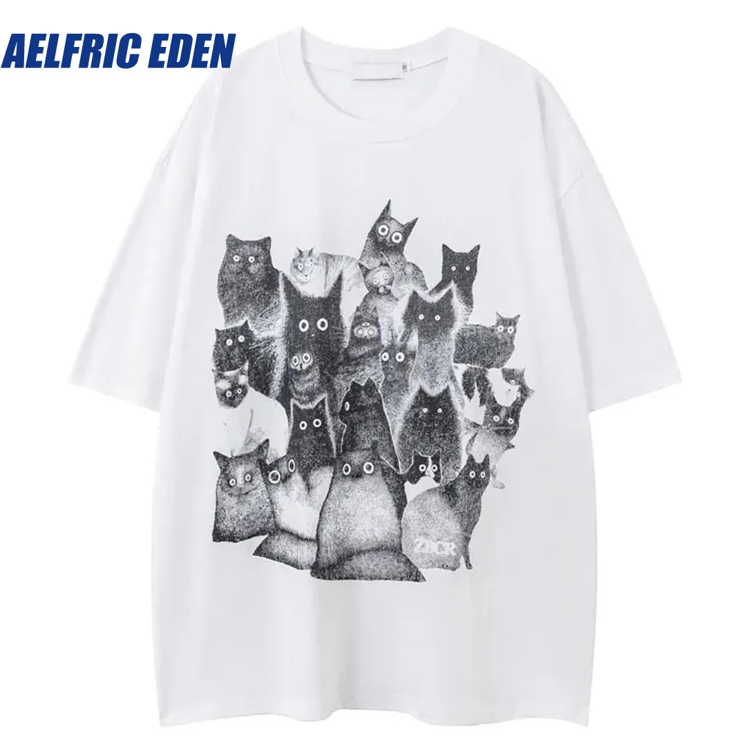 

Aelfric Eden Funny T-Shirt Harajuku Retro Cartoon Cat Graphic Print Streetwear Tshirt Hip Hop Punk Gothic Loose Shirts Men Tops