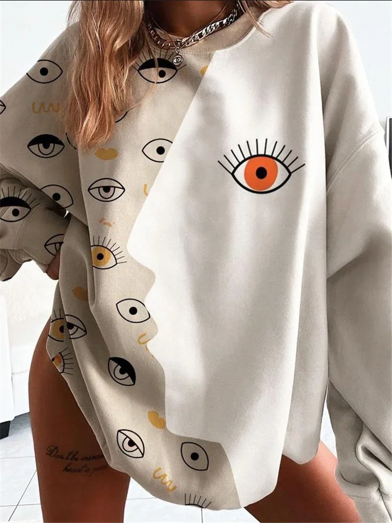 Imaginative Printed Pullovers Eye Face Kiss Impressionism Sweatshirts O-Neck Long Sleeve Loose Plus Size Spring Autumn Pullovers