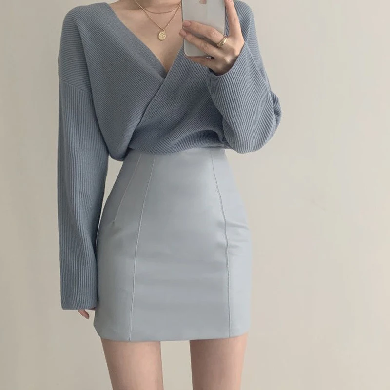 Sef9222bca97e4dcdbbb99e492e3e899f2 Black Sweaters Women Korean Irregular V Neck Knitted Pullovers Office Lady Elegant Knitwear Autumn Winter Solid Jumpers Mallzona