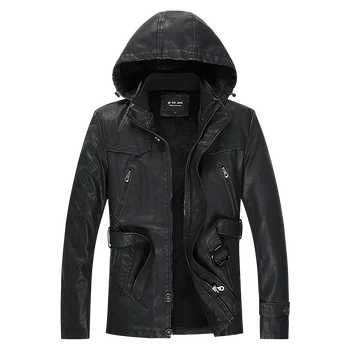 Leather Jackets Outwear Brand Clothing Men's Leather Jackets Winter New Thick Mens Fashion Style Hooded Motorcycle PU Coats Male 1