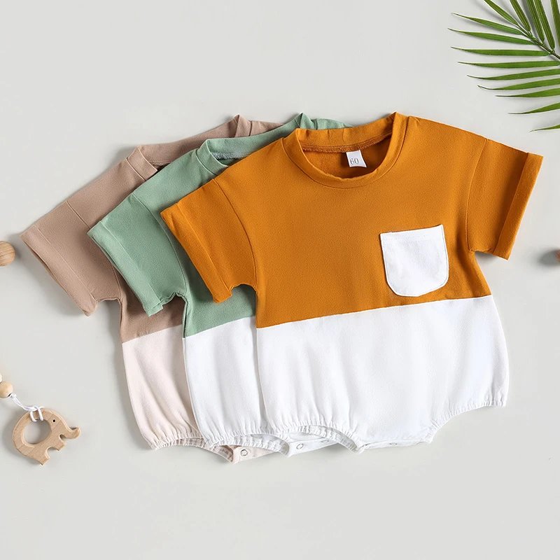 Newborn Baby Boy Girl Summer Outfit Color Block T Shirt Romper Bubble