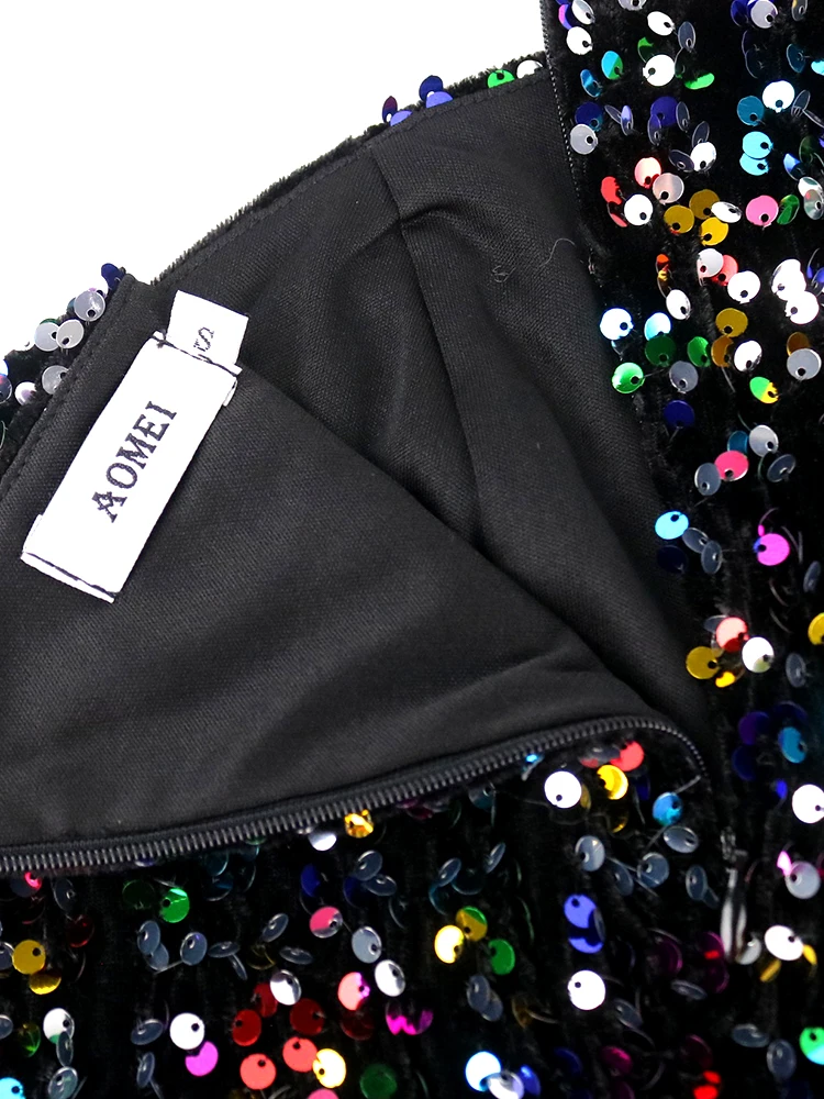 Robe de soir?�e en velours,asym?�trique ?�paule d?�nud?�e,manches longues,paillettes,moulante,taille 