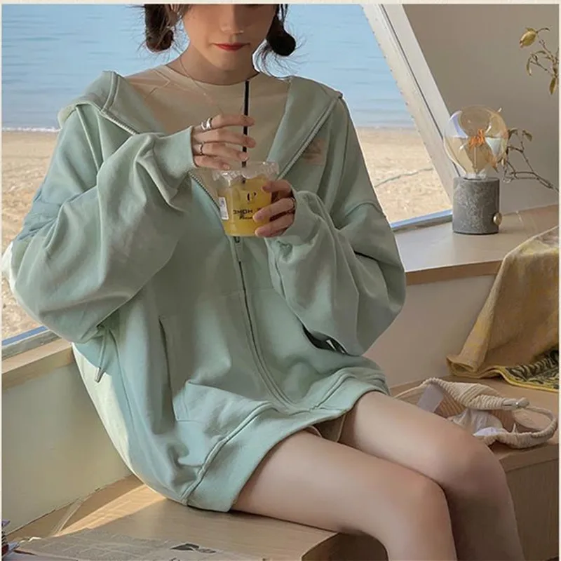 

Korean Style Harajuku Green Y2k Zip Up Oversized Hoodies Women Hippie Loose Sweatshirts Casual Long Sleeve Tops Jacket Coat Top