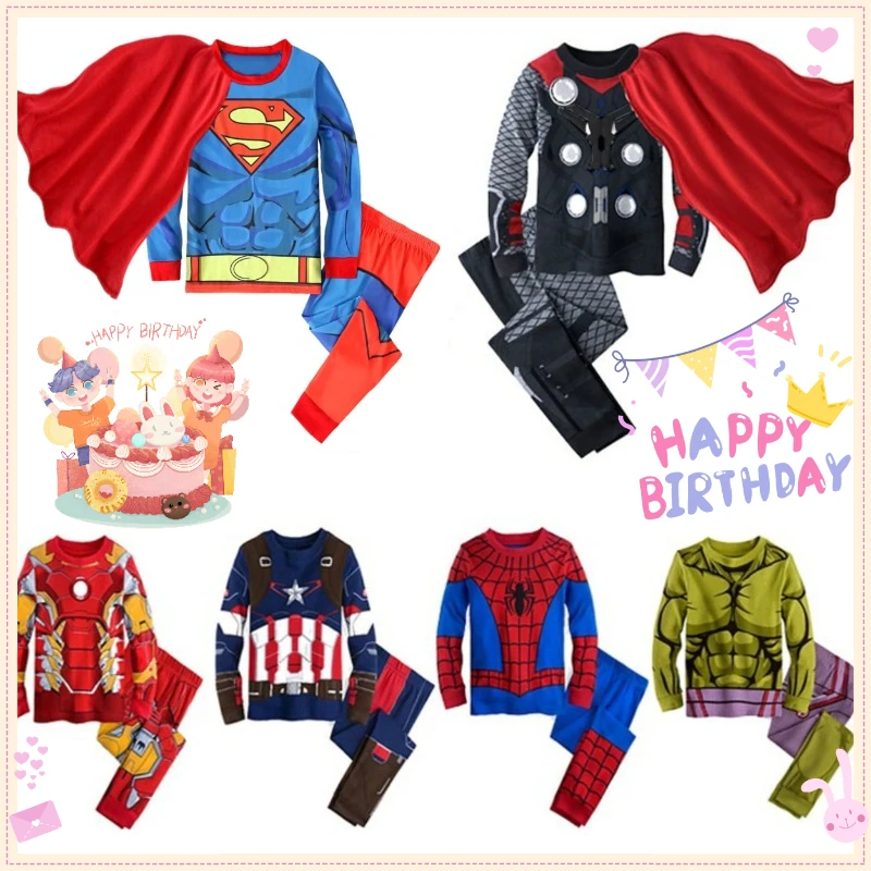 New Marvel Avengers Superhero Costume for Kids Spiderman Iron Man Cotton Pajamas Suit Boys Long Sleeve Christmas Sleepwear Sets