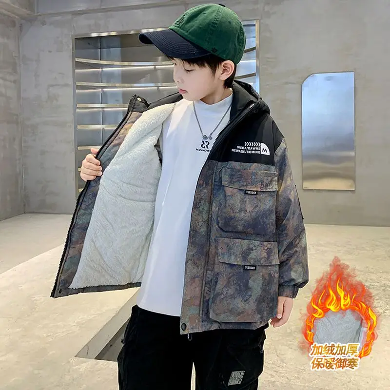Children Winter Outerwear Boys Thickened Cotton Fleece Coat Kids Hooded Warm Overcoat New Fashion Casual Clothing 5-14 Yrs children jackets