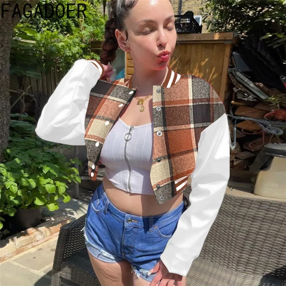 FAGADOER Fashion Retro Plaid Printing Baseball Jacket Women Button Long Sleeve Crop Top Casual Patchwork Matching Streetwear Top