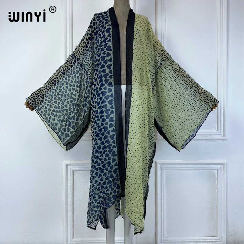 WINYI 아프리카 추상화 프린트 해변 커버 업, 기모노 의상, 맥시 원피스 가디건, 여성 비치웨어, 2024 아바야, 두바이, 럭셔리, 여름