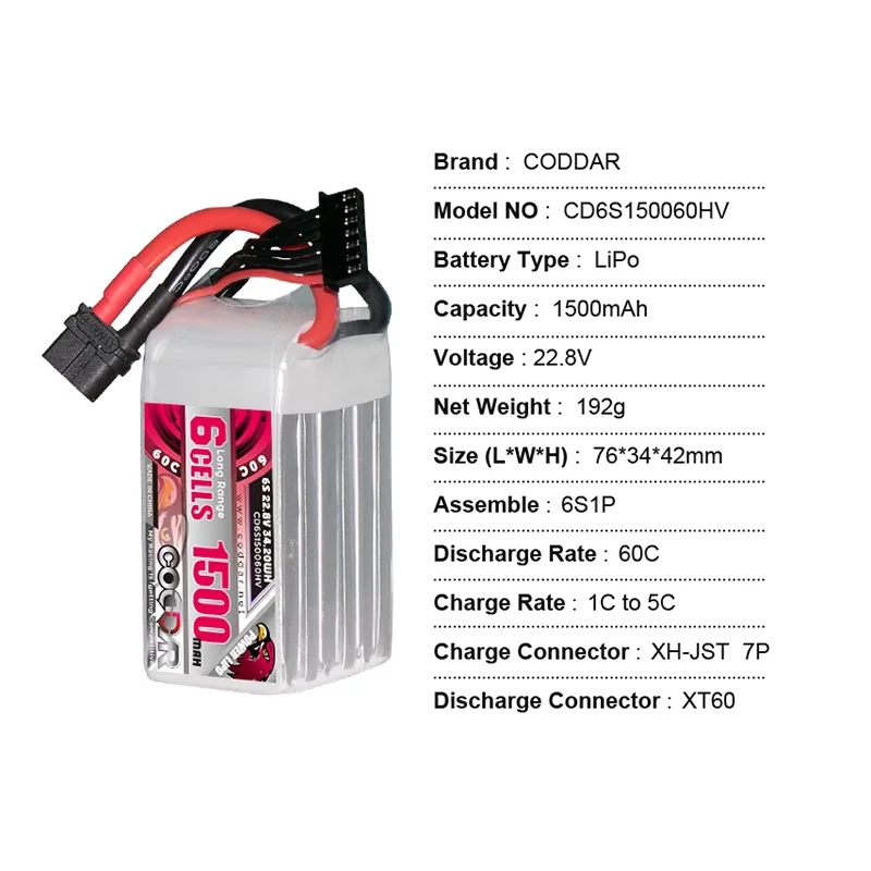 

CODDAR 1500MAH 6S 22,8 V 60C легкий пересекающий летательный аппарат, литиевая батарея LIHV