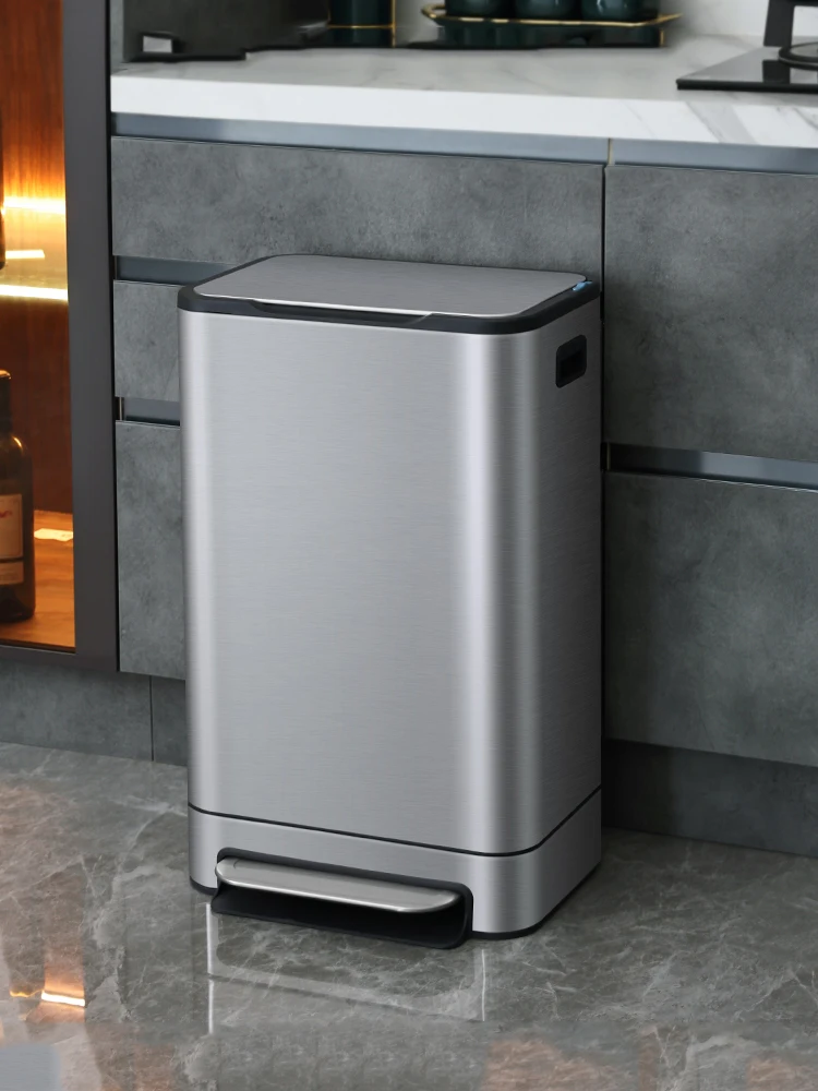 

45L Large Capacity Trash Can for Kitchen Foot Pedal Built-in Stainless Steel Trash Bin