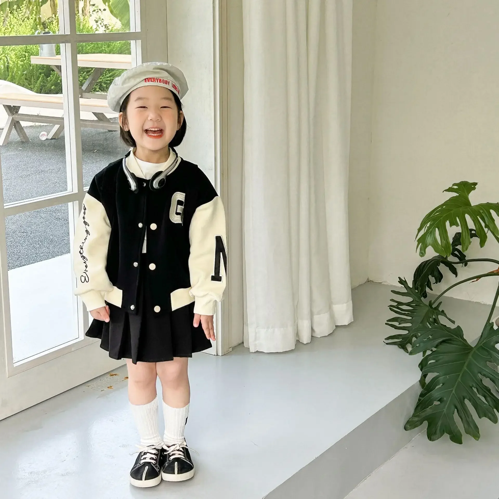 여아 야구 유니폼 세트, 어린이 레터 자수 가디건 재킷, 상의 및 플리츠 스커트, 세트 JK 의류, 가을 겨울