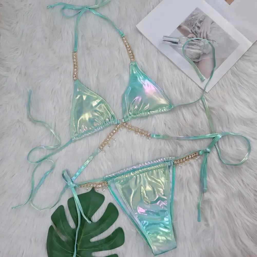 

Push-up Bikini Top Rhinestone Decor Swimsuit Set with Spaghetti Strap Tassel Halter Neck High Waist Bikini Set for Women Quick