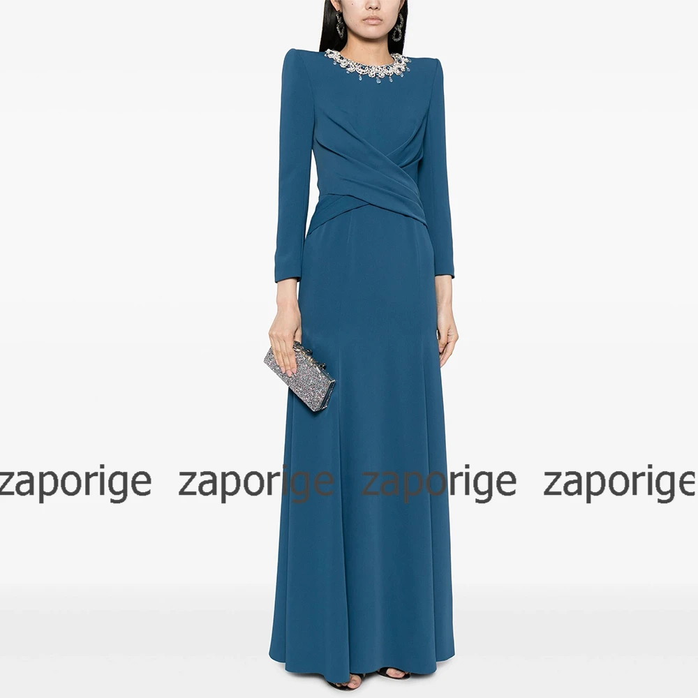 Blaue lange Perlen Abendkleider Jersey Perle Strass Perlen Falte maßge schneiderte Anlass Kleid gerade U-Ausschnitt Midi-Kleid – Detail 2