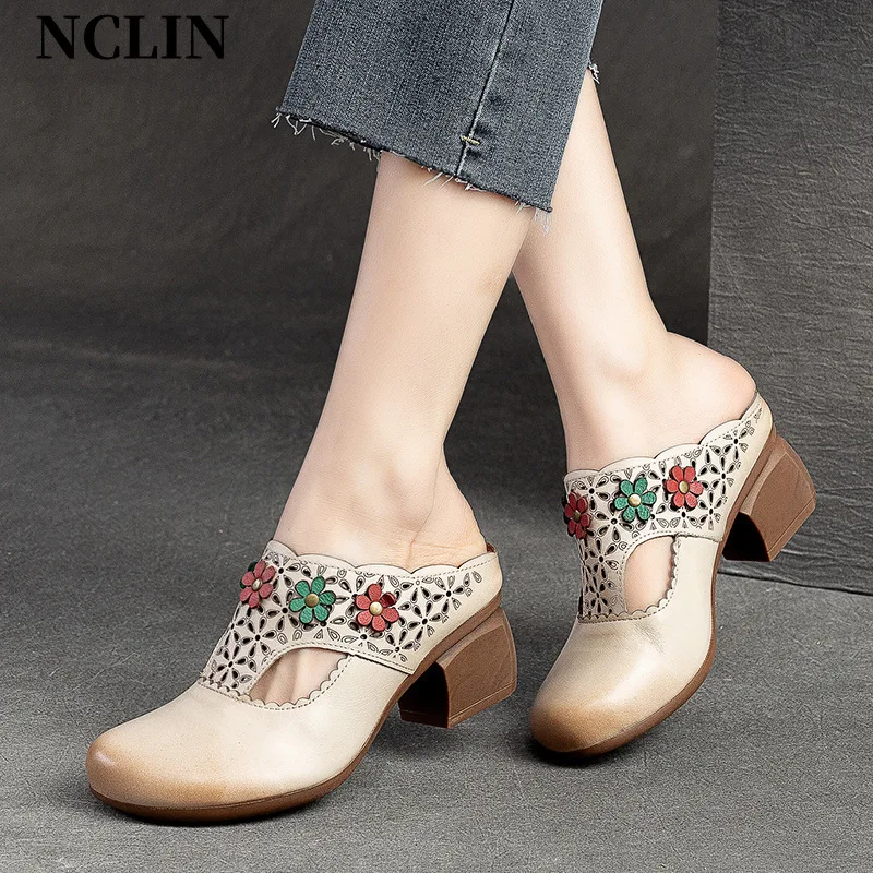 

2024 New Mule Slippers For Women Thik Heel Round Toe Shoes Chunky Heel Genuine Leather Sandals Women Wear Outside in summer