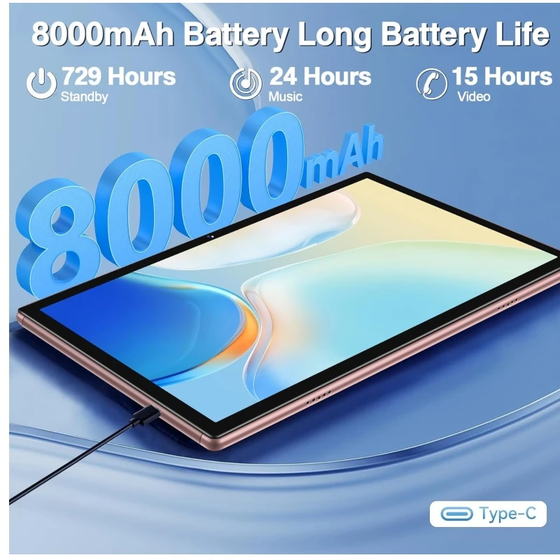 10.1인치 4GB RAM 64GB ROM 안드로이드 12 태블릿 PC CPU UNISOC SC9863A 프로세서, 옥타코어 Cortex-A53 타입-C 배터리 8000mAh