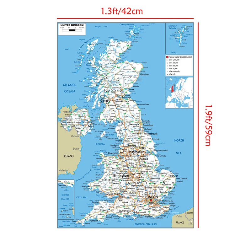 United Kingdom Map In English Administrative / Geographic / Road Map Wall Art Poster Painting School Supplies