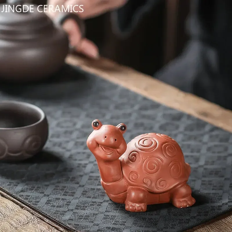 Cute Tortoise Statue Tea Figurine Ornaments Boutique Purple Clay Tea Pet Handmade Sculpture Crafts Tea Table Decore Accessories