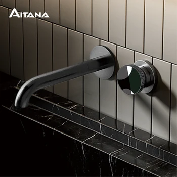 ก๊อกน้ำในห้องน้ำทองเหลืองสีเทาปืนหรูหราทันสมัยที่มีดีไซน์ติดผนังการควบคุมแบบเย็นและร้อนคู่ก๊อกน้ำอ่างที่เรียบง่าย 1