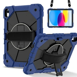 Kids Tablet Case with Hand Strap - 360° Rotatable Handle Stand, Shockproof Rugged Silicone Cover - iPad 10th 2022 (Navy Blue Black)