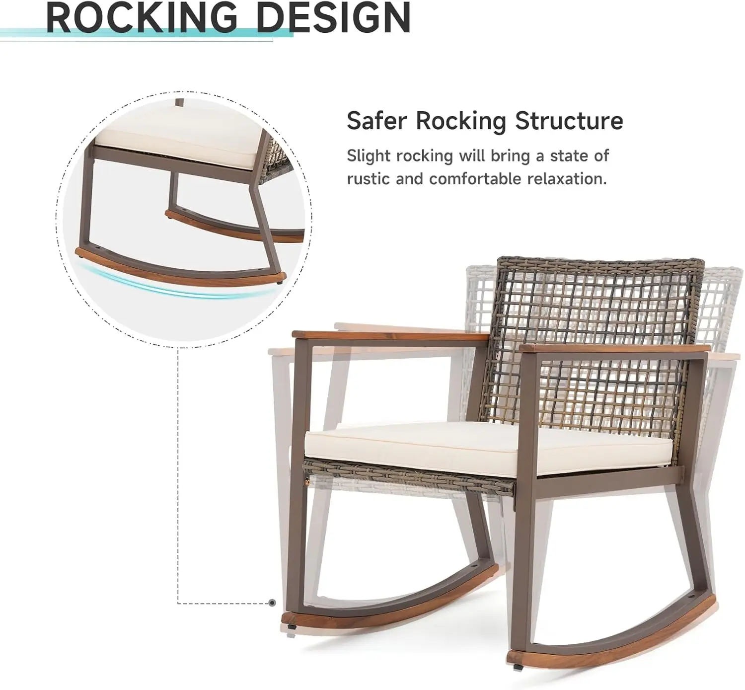 3 Pieces Rocking Bistro Set, Outdoor Conversation Bistro Chairs and Table Set with Wood Armrest and Soft Cushions,