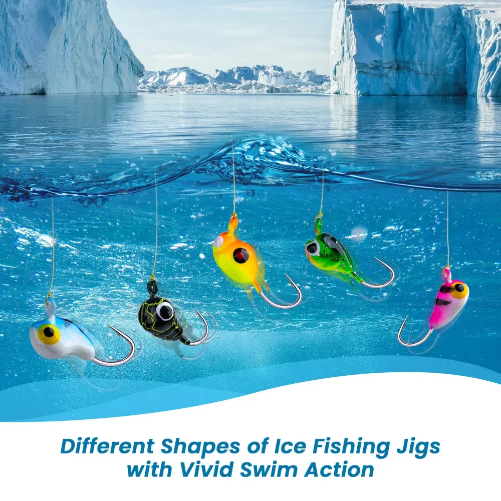 Goture Ice Fishing Jigs Set 1.5g 2g Luminous Vivid Swim Actions Jig Bonic Lure Set for Winter Panish Fishing with Tackle Box