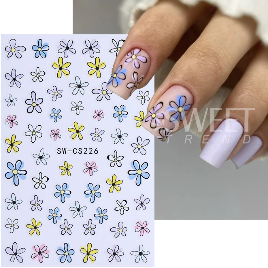 4pcs Flower Nail Art Stickers Charm Simple Rose Daisy Petals Florals Leaf DIY 3D Self-Adhesive Slider Decals Manicure Decoration