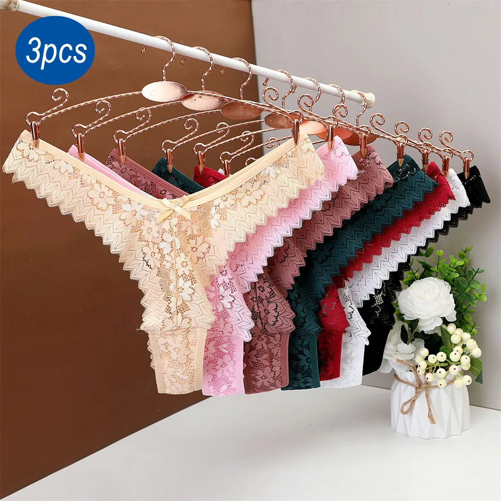 3PC Sexy T Back Woman Thong Panty Mid Waist Lace Transparent "V-shape" Erotic Girls