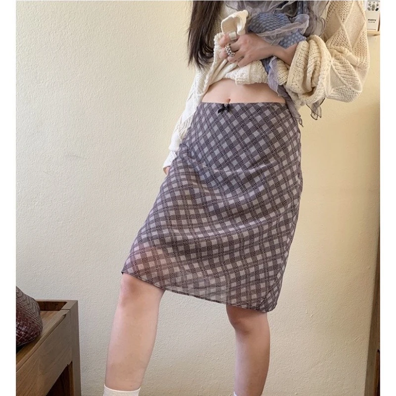 Deeptown Tulle Plaid Skirt Women Elegant Sweet Vintage Mid Skirt Fairycore Casual Coquette Korean Fashion Mesh Streetwear Skirts