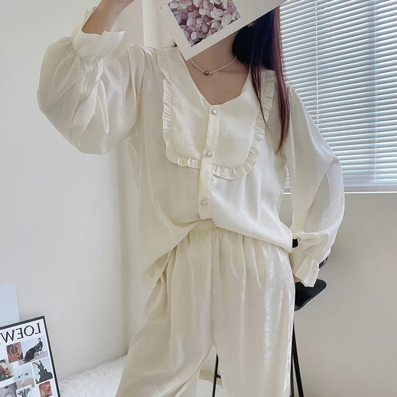 

Pijamas Suit Spring Autumn Long Sleeve Nightwear White Jacquard Women Pajamas Set Sleepwear Loose Satin Home Wear Loungewear