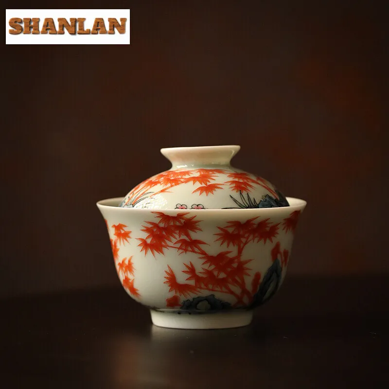 125ml Ancient Blue Glazed Handmade Cover Bowl Set Household Hand-painted Red Bamboo Gaiwan Vintage Tea Tureen Tea Maker Gift
