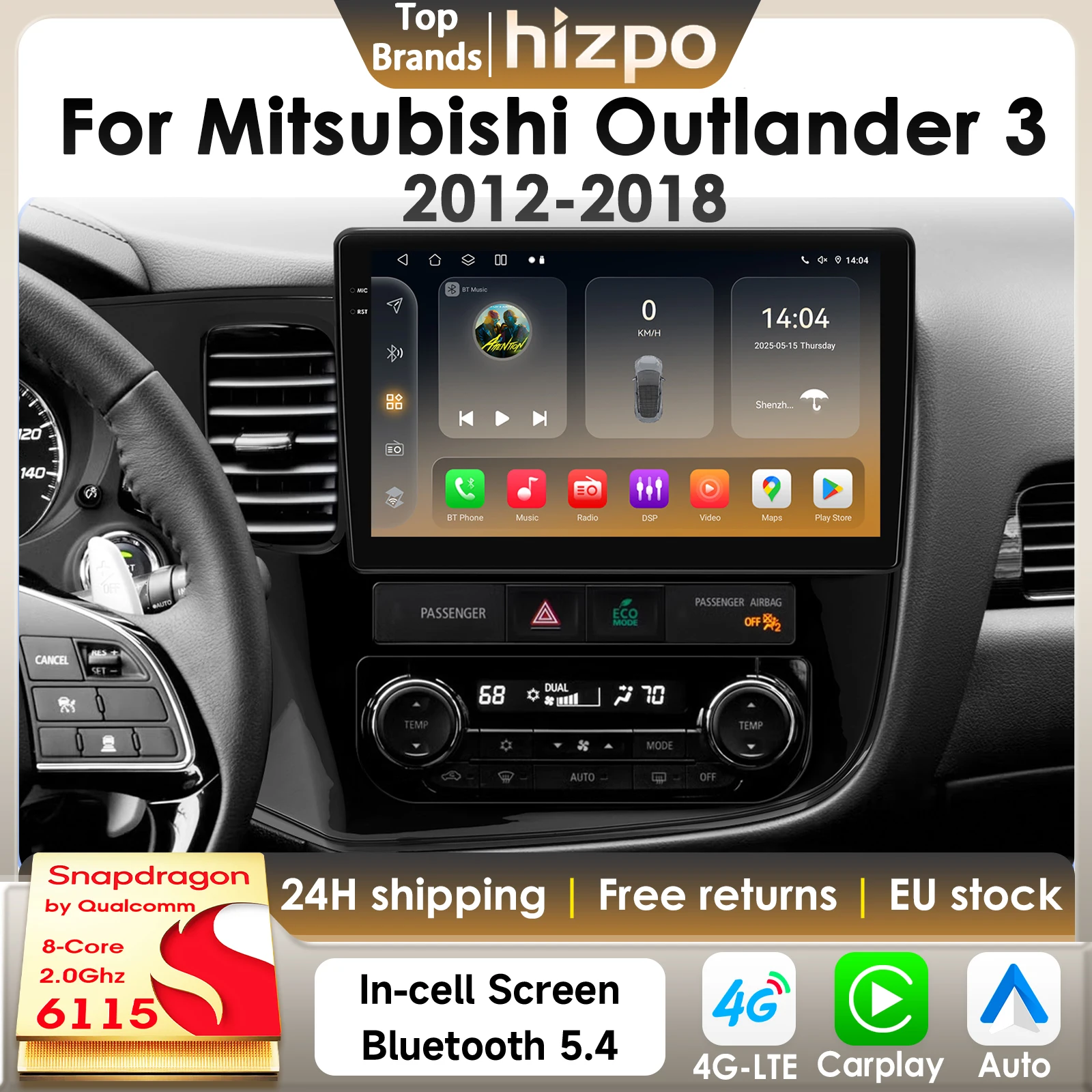 Inteligentne radio samochodowe Hizpo 8Core z Androidem 14 dla Mitsubishi Outlander 3 GF0W GG0W Xl, CarPlay, 4G, BT5.4, z procesorem Qualcomm Snapdragon 6115