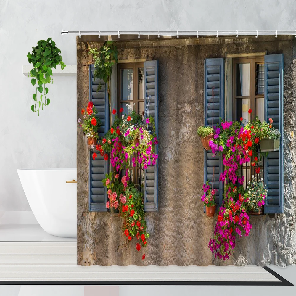 Spring Garden Shower Curtains Pink Rose Wooden Fence Flowers Plants Bathroom Decor