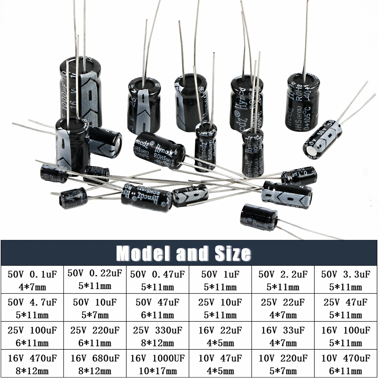 Aluminum Capacitor 10v 16v 25v 50v 0.1uf 1uf 2.2uf 33uf 47uf 220uf 470uf 680uf 1000uf