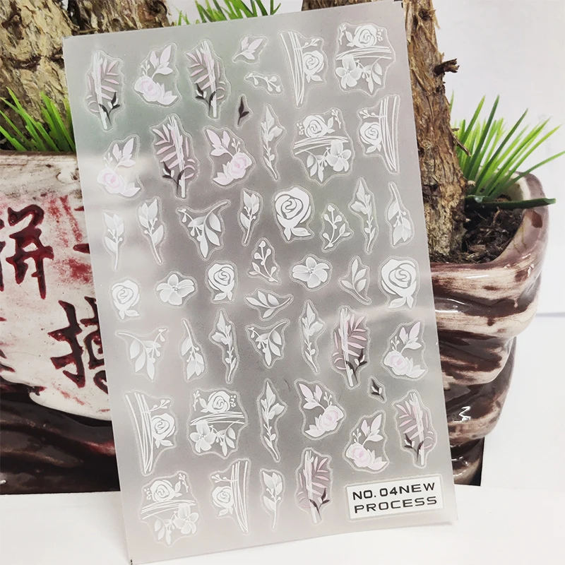 

3D Nail Stickers White Rose Flowers Line Leaf Tough Design Manicure Sticker Glue Decals Transfer Sliders Nail Art Decoration