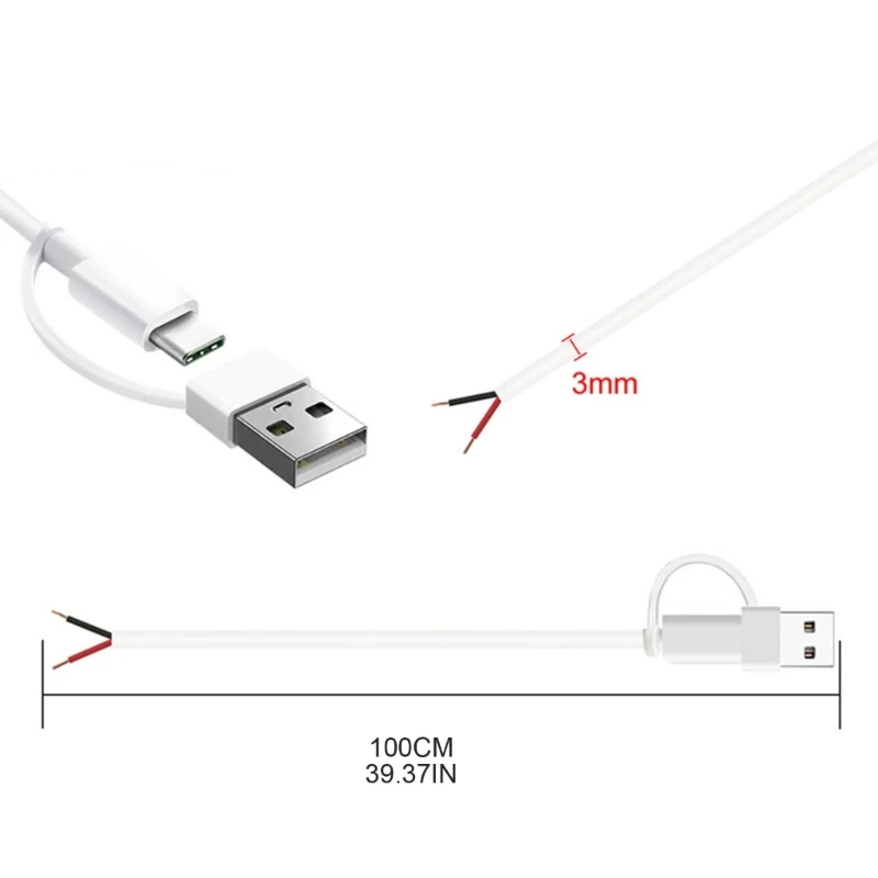 USB-C-auf-2-Pin-Bare-Draht-Kabel mit offenem Ende, 5 V/2 A, USB-Typ-C-Stecker, 2-Pin-Pigtail-Stromkabel, Ersatz-DIY-Kabel für