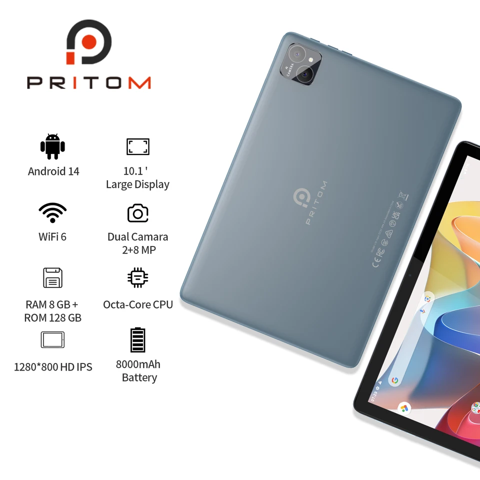 PRITOM TAB11 Android 14 Tablet, 10 Inch, Octa-Core, 5G WiFi6