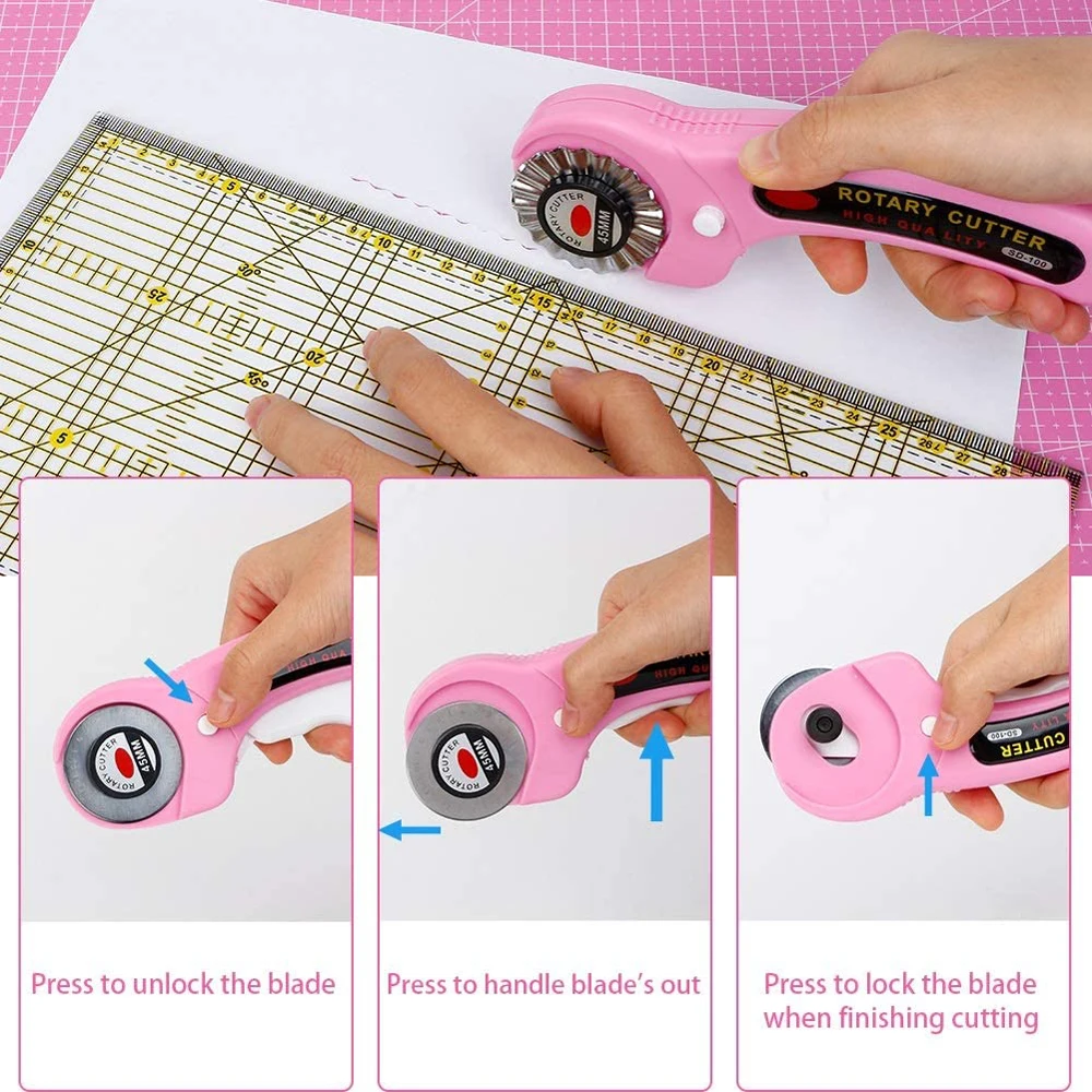 45mm Rotary Cutter with 5pcs Replacement Blades & Sewing Clips & Fabric Marker Pen for DIY Sewing Fabric Leather Quilting