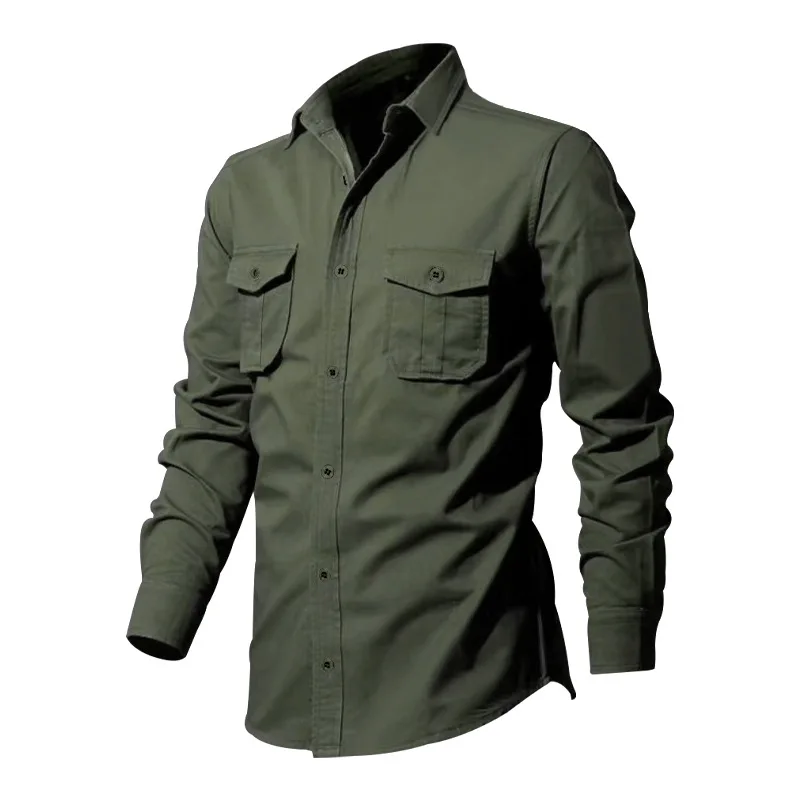 2024 summer Europe and the United States vintage cargo men's advanced multi-pocket solid color leisure sports long-sleeved shirt