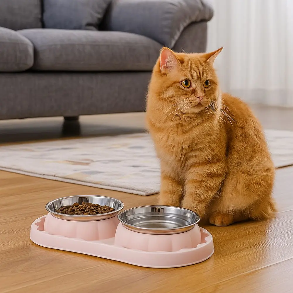 Simple Stainless Steel Double Pet Bowl Anti Topple Leakproof Pet Food Bowl Anti-slip Pet Dog Feeder Home