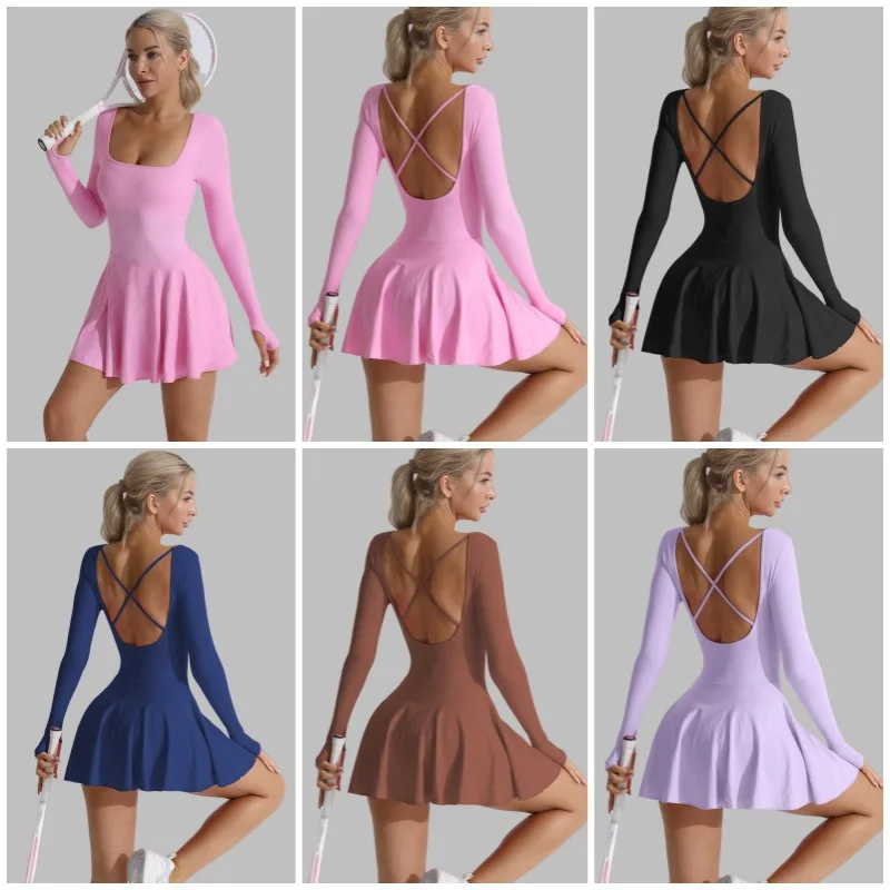 Sean Tsing Women Tennis Dresses Long Sleeve Backless Golf Wear Built in Shorts Athletic Workout Sports Fitness Rompers Vestidos