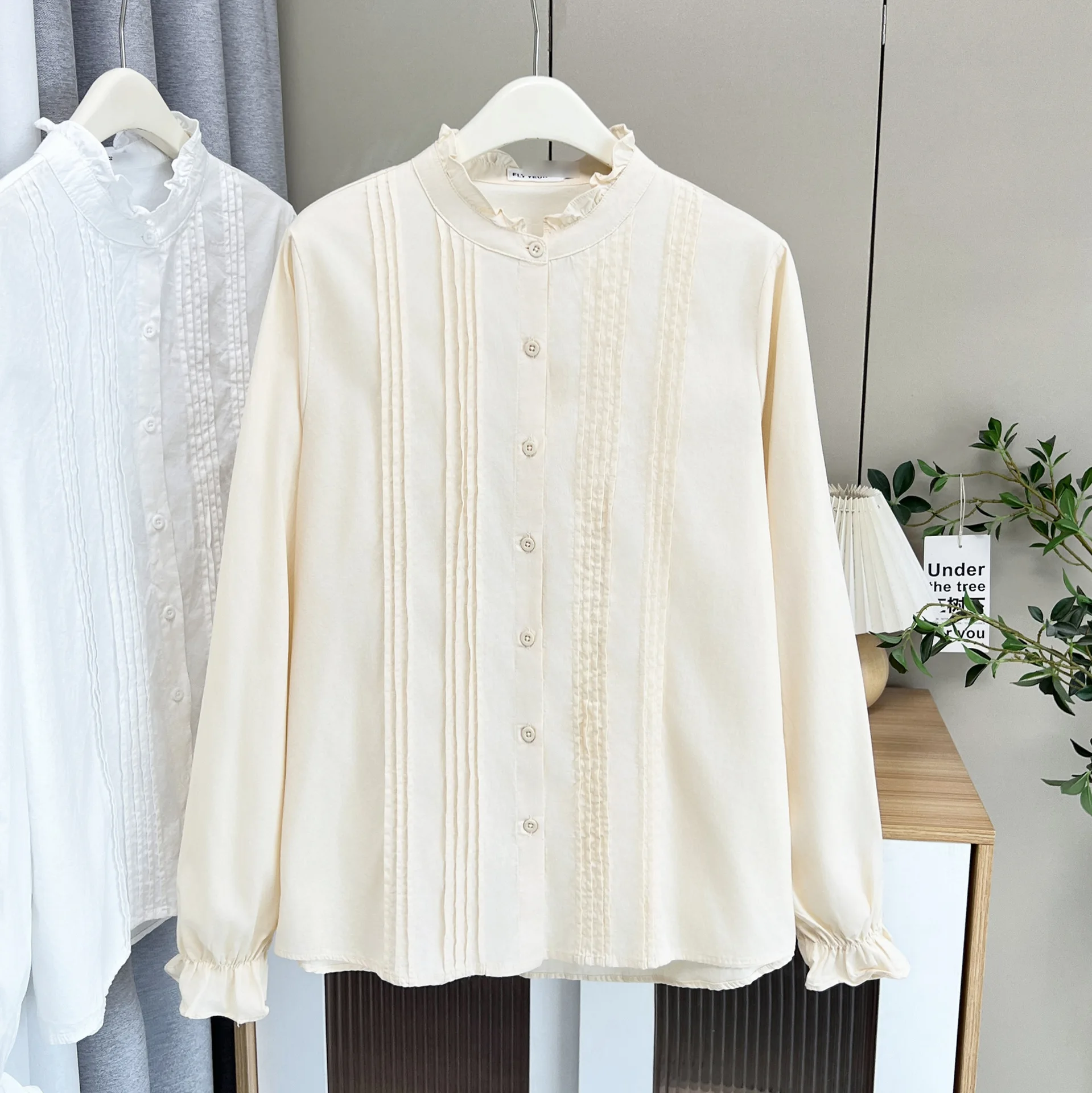 Plus Size Women's Blouses 2025 Autumn New Style Ruffled Collar Long Sleeved Shirt Casual Cotton Organ Fold Tops 9091